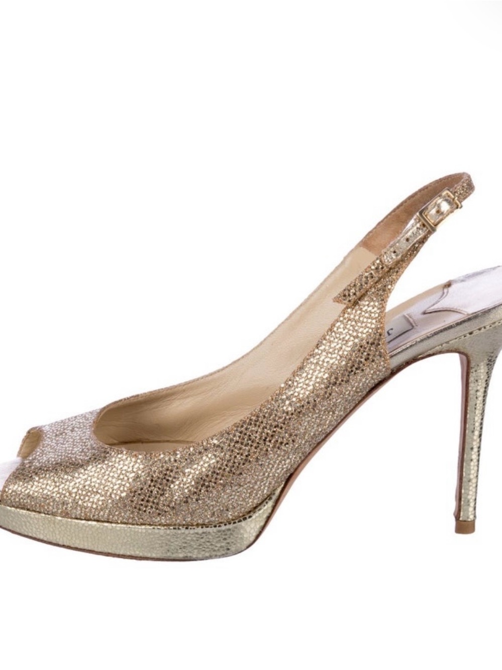 Jimmy Choo Gold Glitter Slingback Peep-Toe Heel